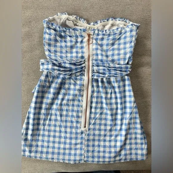 For Love and Lemons Dixie Mini Dress Strapless Sweetheart Neckline Blue Gingham - Picture 8 of 9